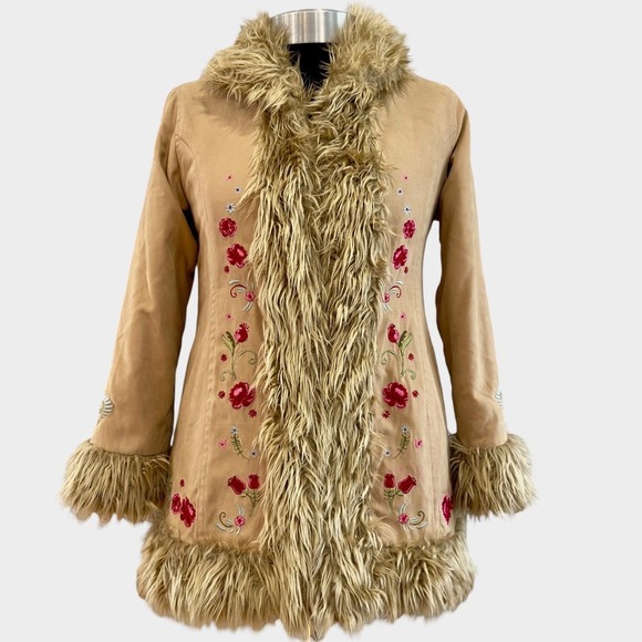 H&M Other - Vintage 90's H&M Tan Faux Suede Embroidered Faux Fur Jacket Coat Size 9/10Y